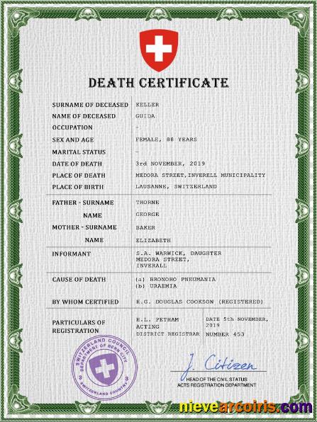 Switzerland death certificate
